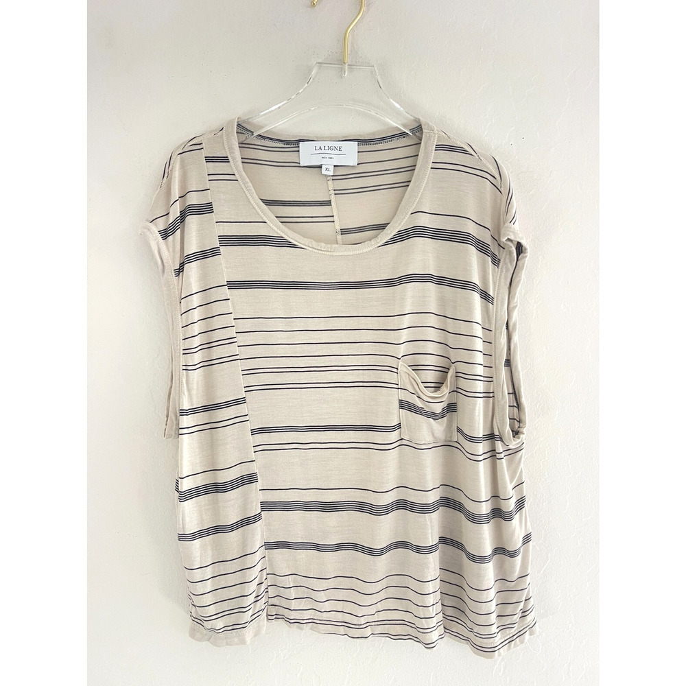 La Ligne XL Shirt Pullover Slouchy Silk Blend Striped Beige Black Tank Top Shirt